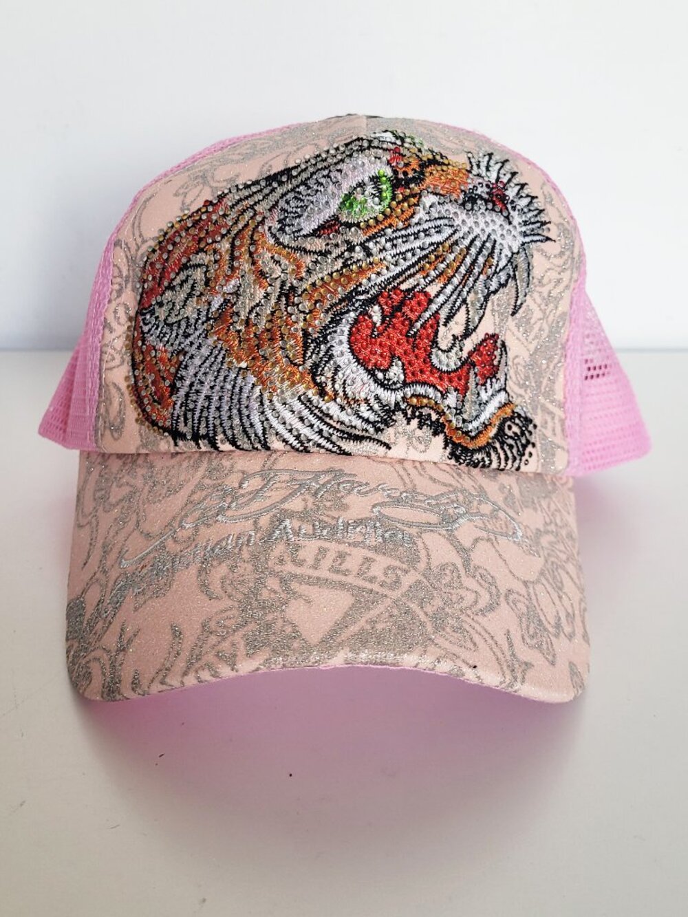 Ed Hardy Y2K Pink Bedzzled Tiger Trucker Hat - OS
